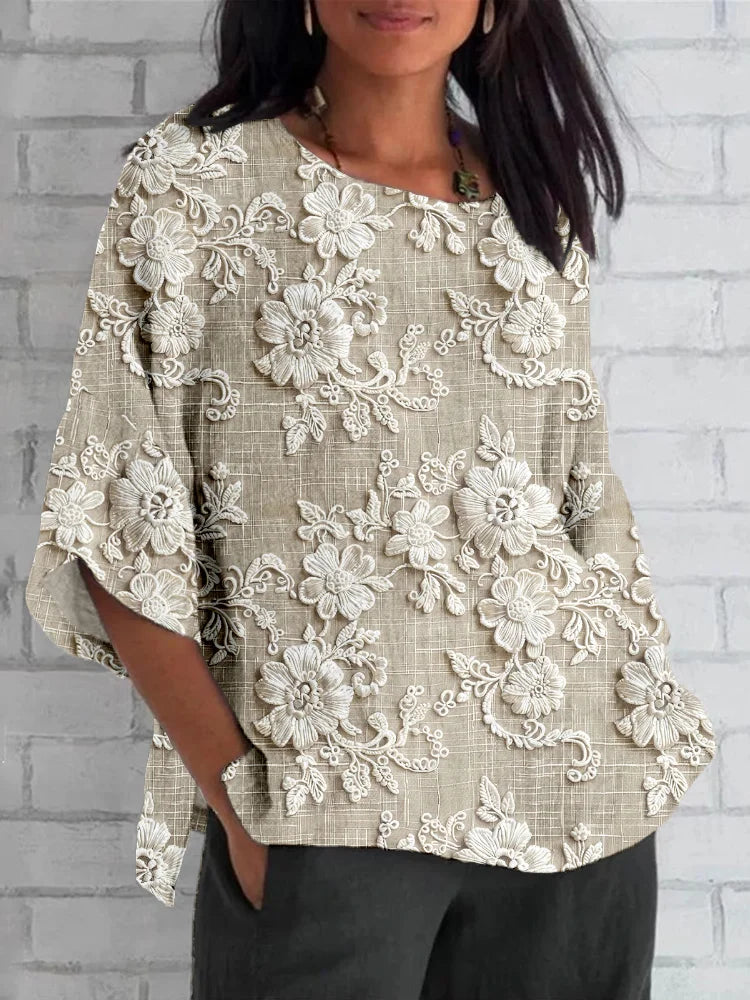 Livia | Floral Lace Linen Blouse