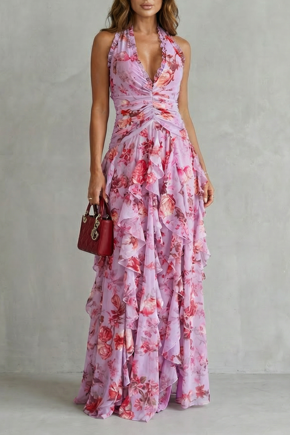 Anneliese | Women's Halter Floral Maxi Dress with Ruffles