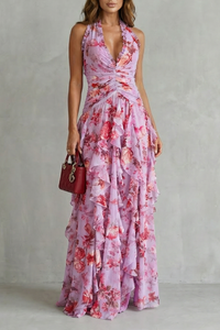 Anneliese | Women's Halter Floral Maxi Dress with Ruffles