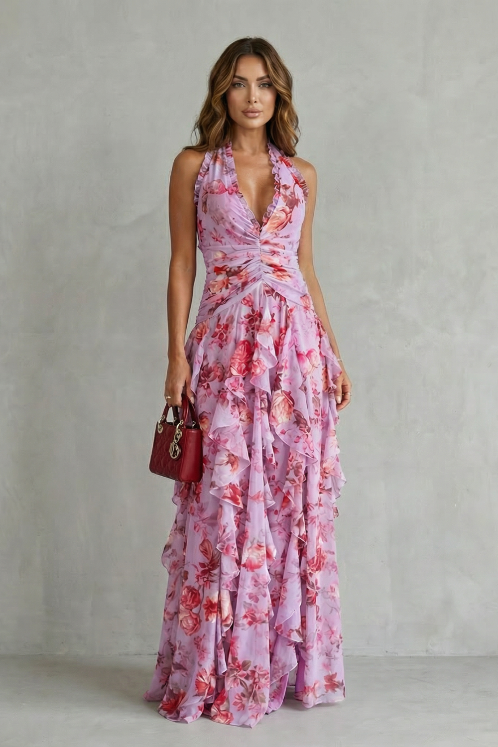 Anneliese | Women's Halter Floral Maxi Dress with Ruffles