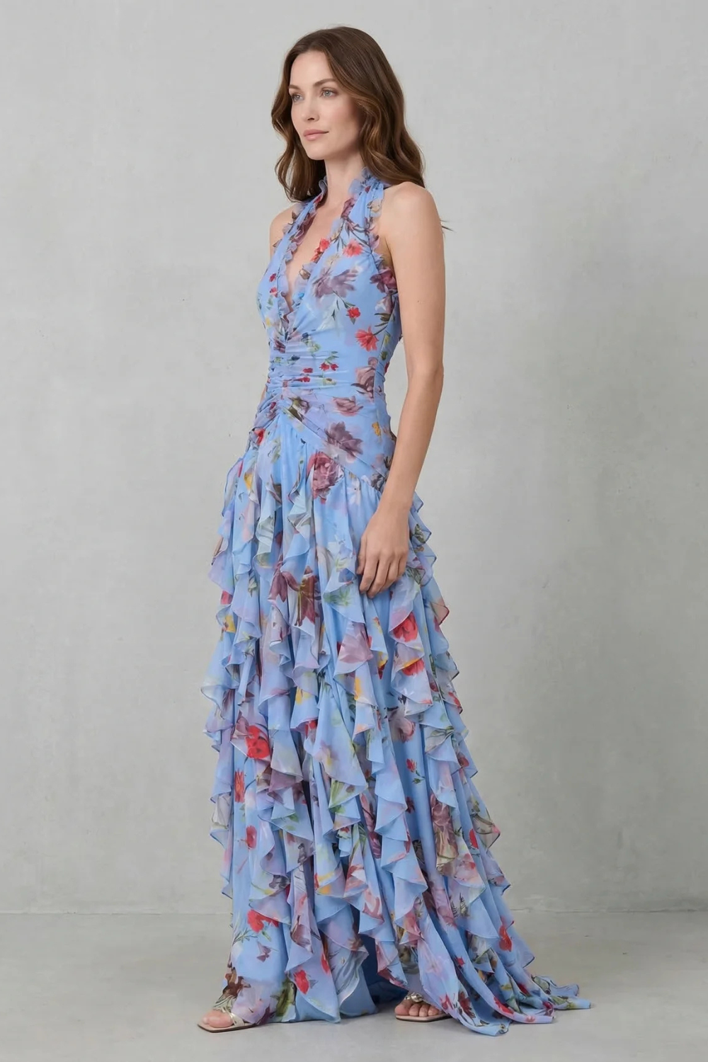 Anneliese | Women's Halter Floral Maxi Dress with Ruffles