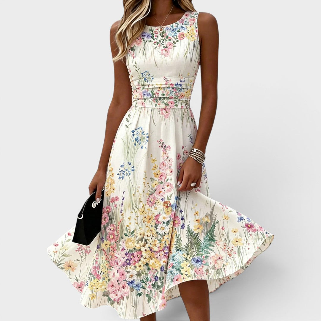 Miranda | Round Neck Sleeveless Floral Midi Dress
