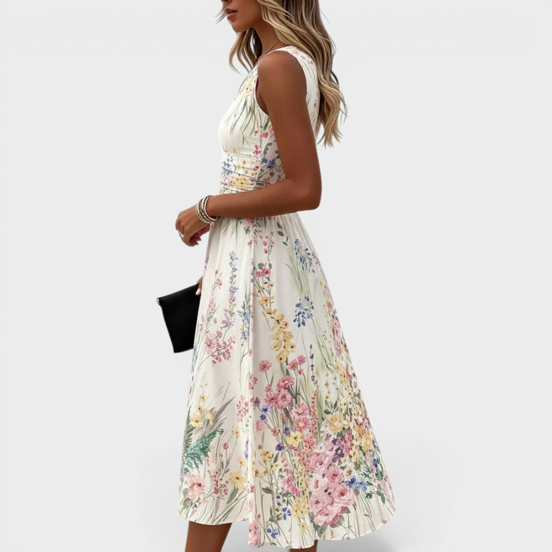 Miranda | Round Neck Sleeveless Floral Midi Dress