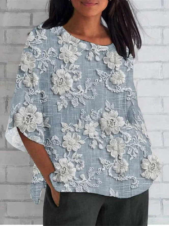 Livia | Floral Lace Linen Blouse