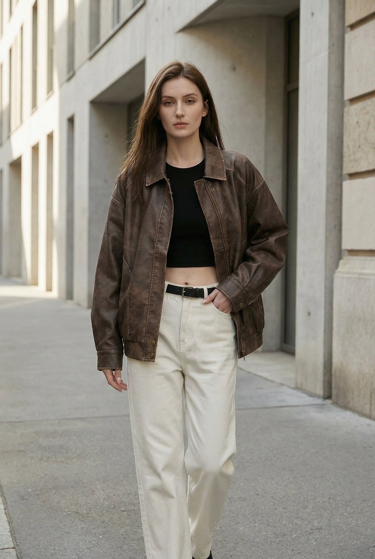 Corinna | Oversized Faux Leather Jacket with Vintage Brown Finish