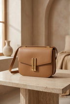 Amelie | Structured Black Leather Shoulder Bag with Gold Clasp