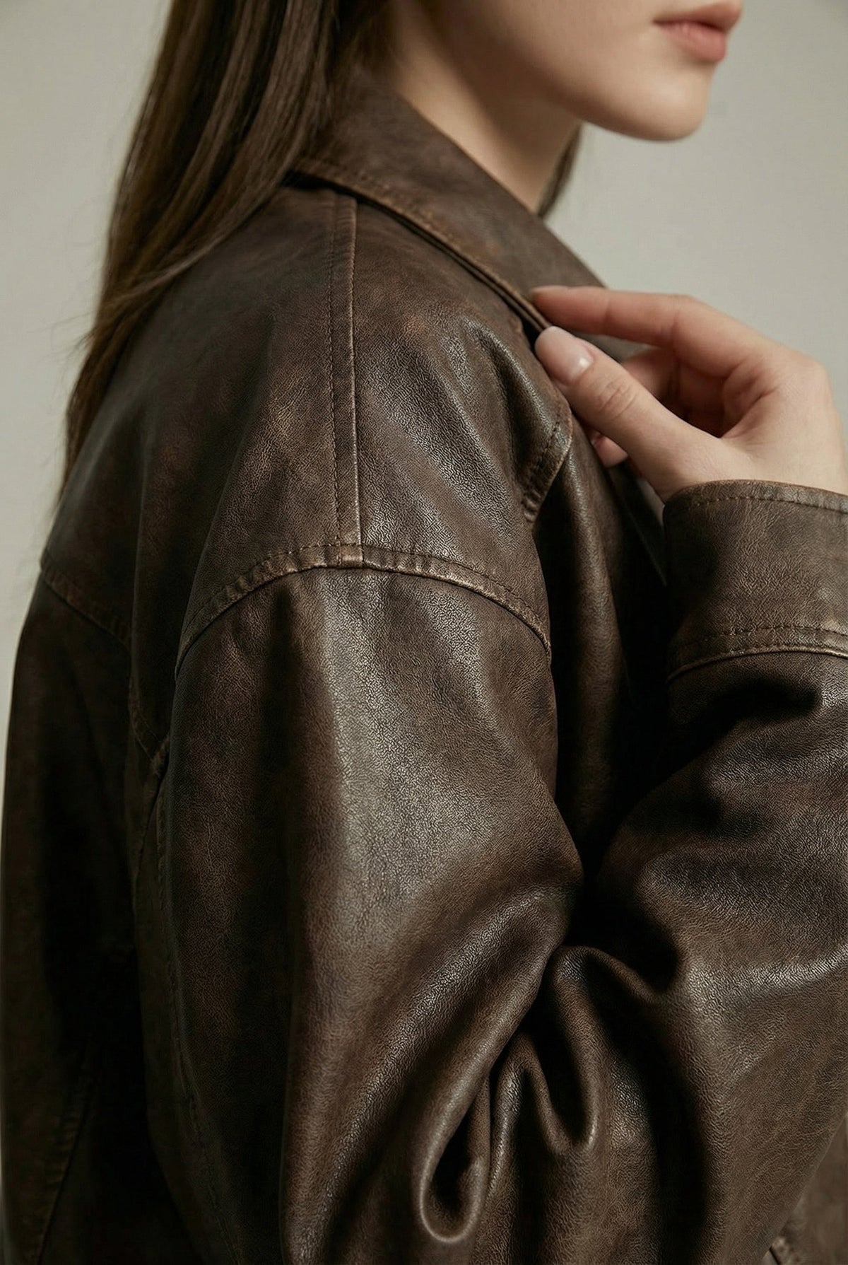 Corinna | Oversized Faux Leather Jacket with Vintage Brown Finish