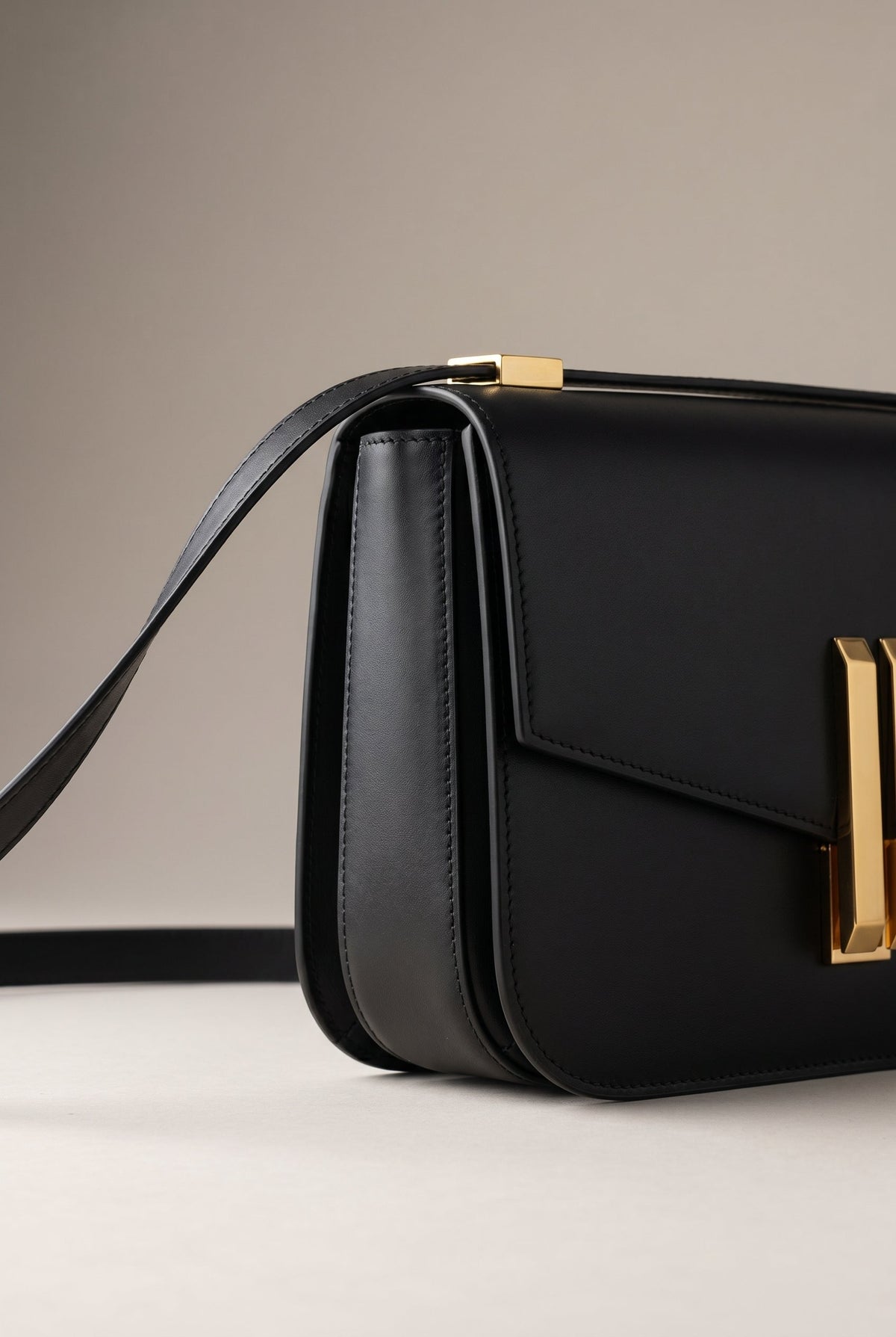 Amelie | Structured Black Leather Shoulder Bag with Gold Clasp