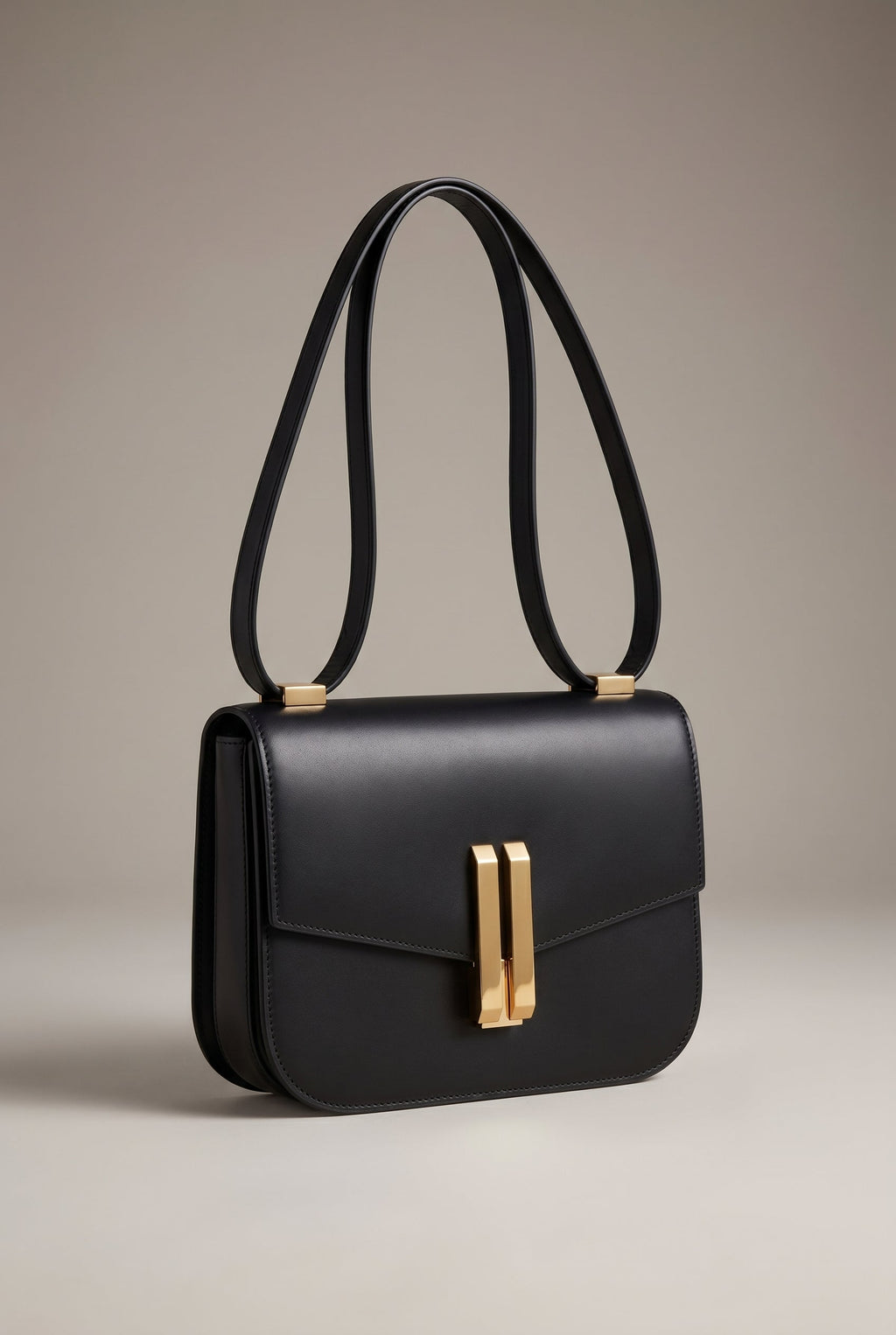 Amelie | Structured Black Leather Shoulder Bag with Gold Clasp