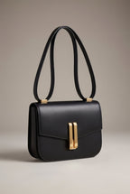 Amelie | Structured Black Leather Shoulder Bag with Gold Clasp