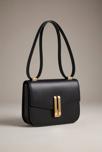 Amelie | Structured Black Leather Shoulder Bag with Gold Clasp
