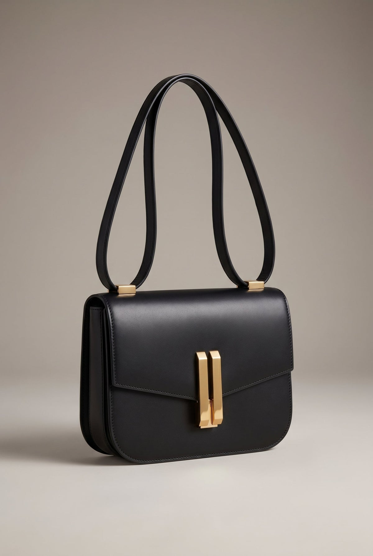 Amelie | Structured Black Leather Shoulder Bag with Gold Clasp