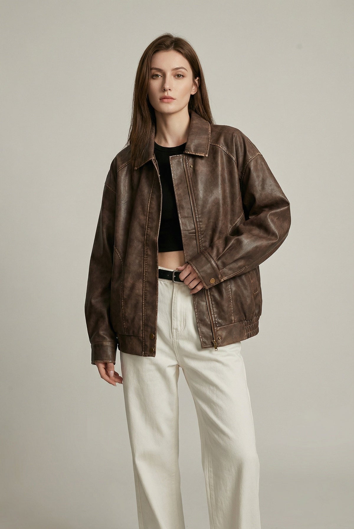 Corinna | Oversized Faux Leather Jacket with Vintage Brown Finish