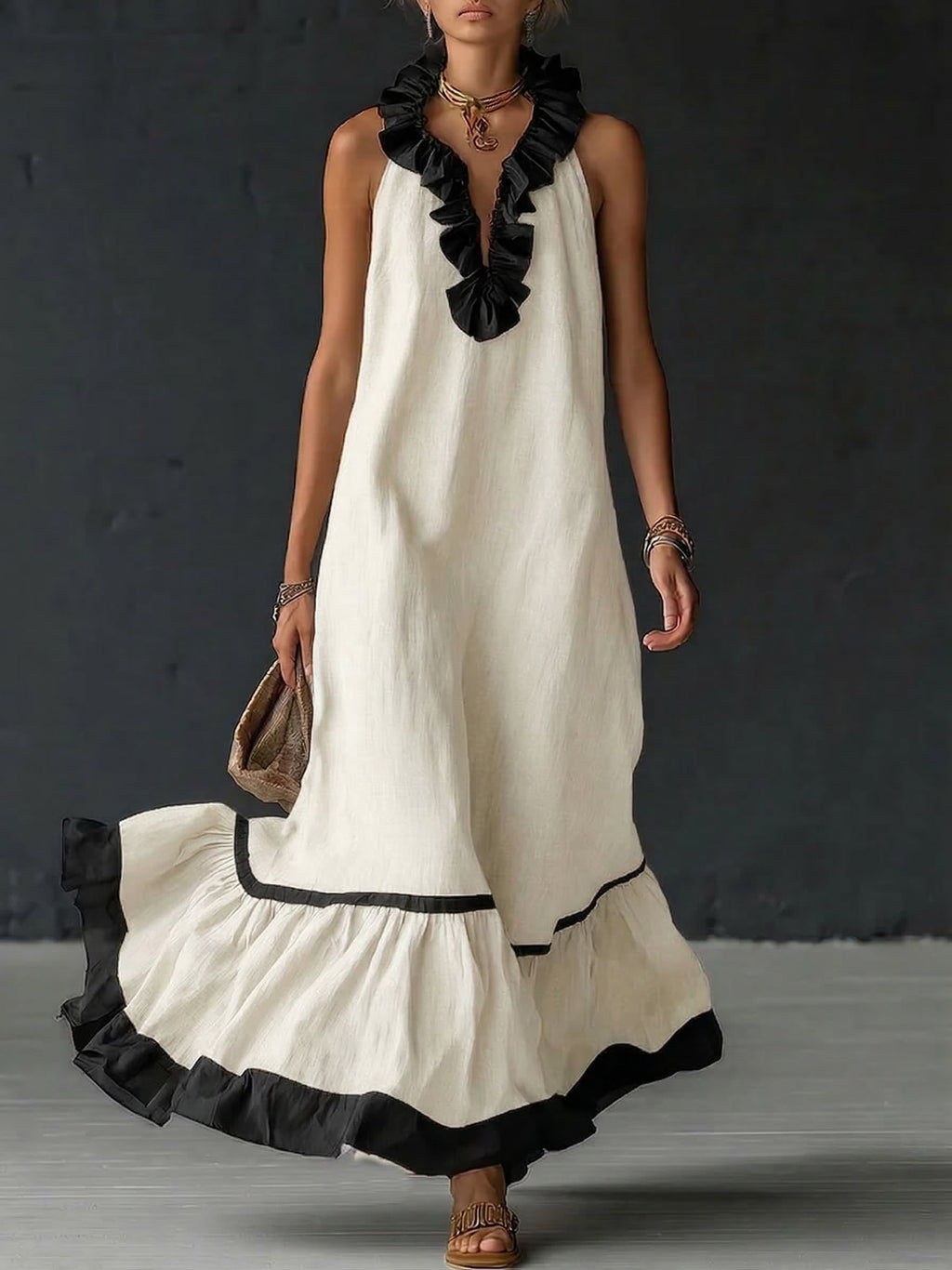 Selina | Women's Sleeveless Maxi Dress with Pockets and Ruffle Hem