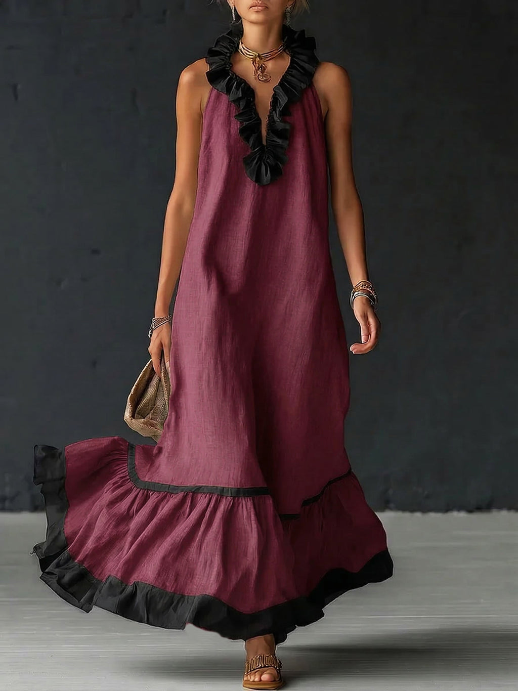 Selina | Women's Sleeveless Maxi Dress with Pockets and Ruffle Hem