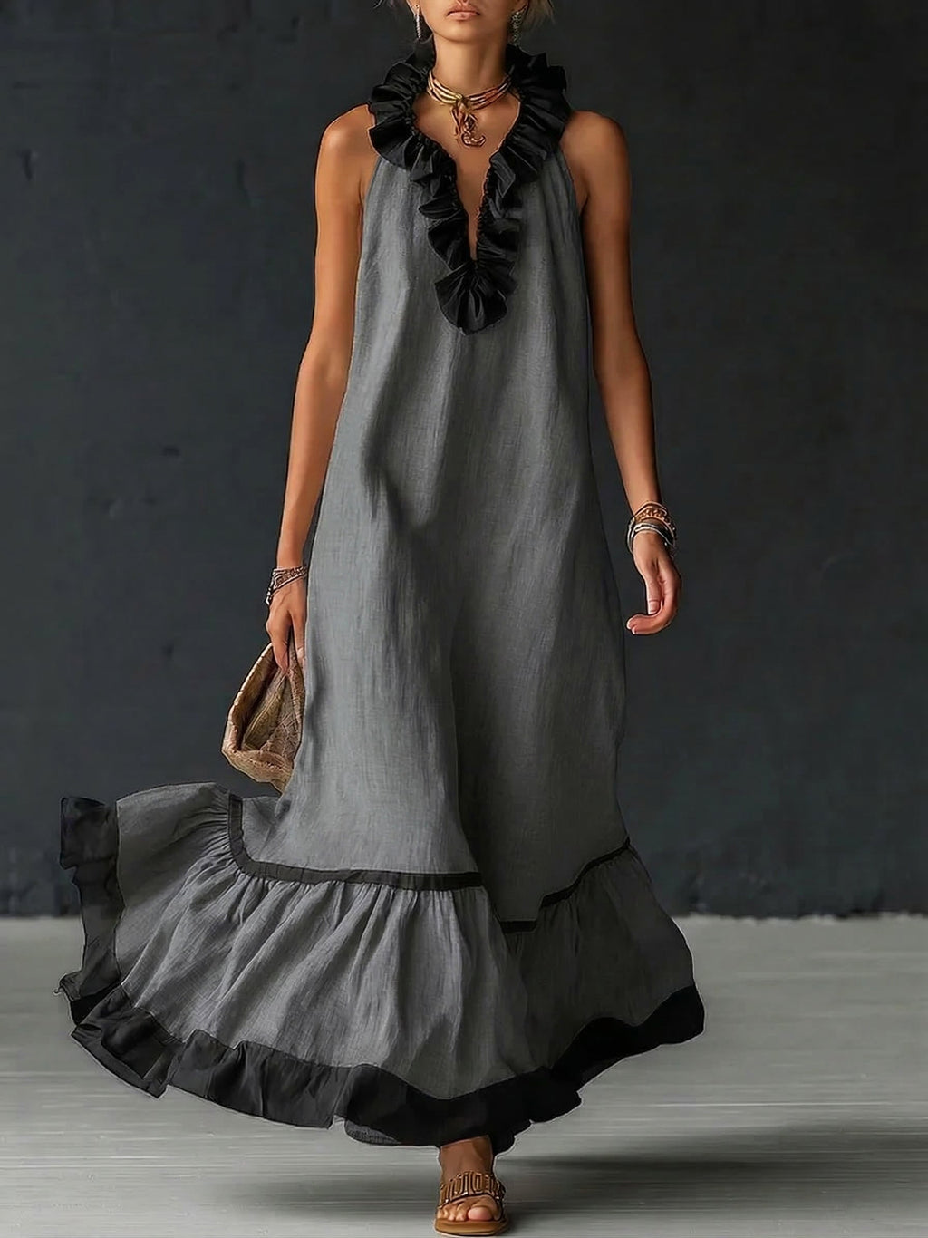 Selina | Women's Sleeveless Maxi Dress with Pockets and Ruffle Hem
