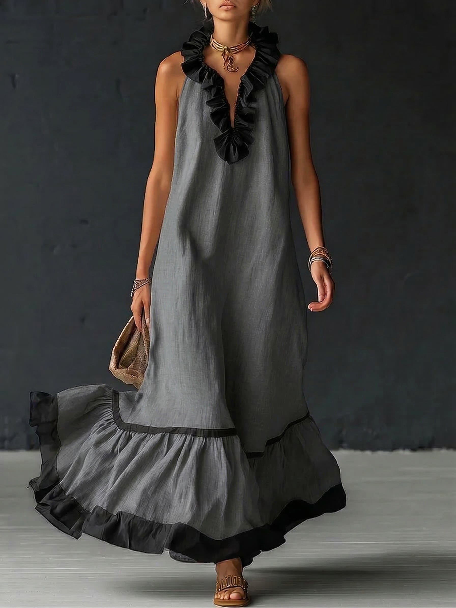 Selina | Women's Sleeveless Maxi Dress with Pockets and Ruffle Hem