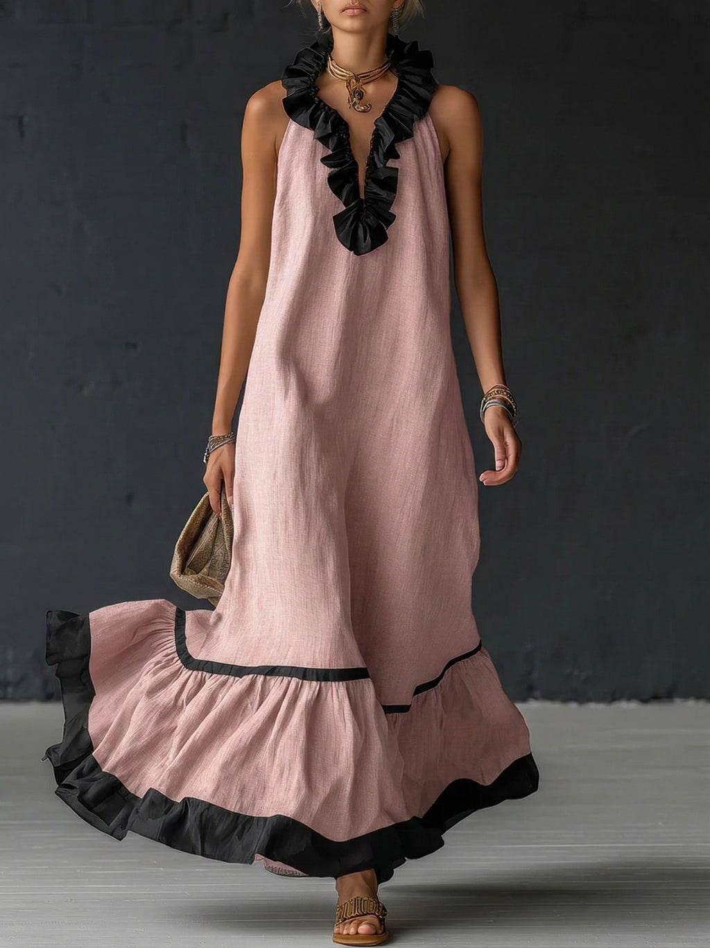 Selina | Women's Sleeveless Maxi Dress with Pockets and Ruffle Hem