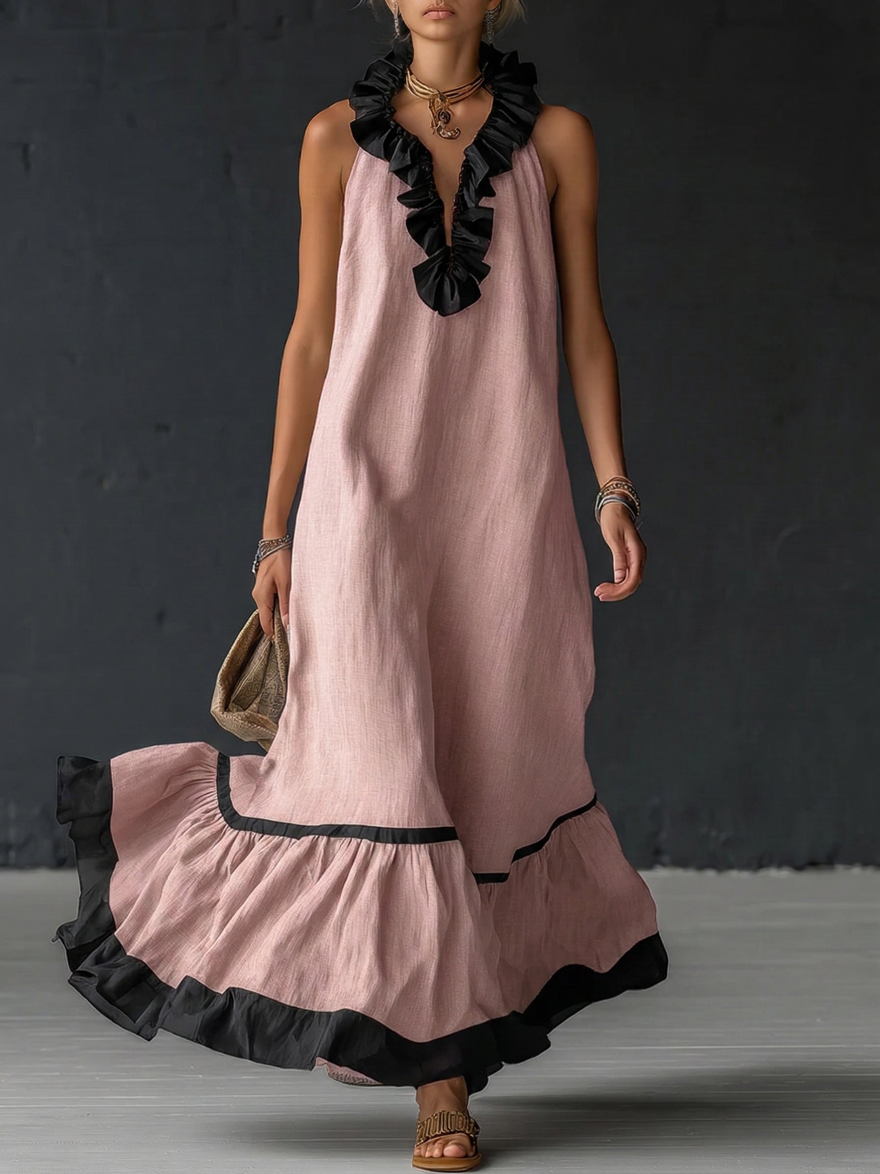 Selina | Women's Sleeveless Maxi Dress with Pockets and Ruffle Hem
