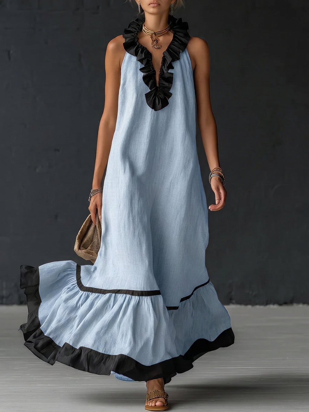 Selina | Women's Sleeveless Maxi Dress with Pockets and Ruffle Hem
