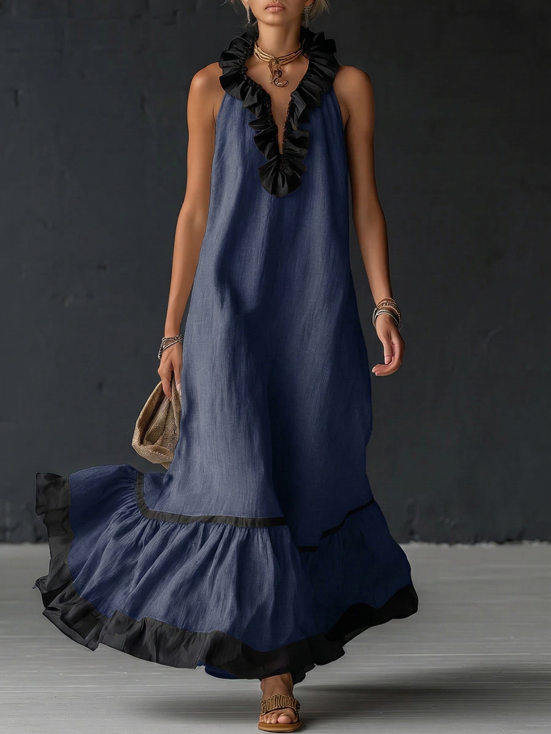 Selina | Women's Sleeveless Maxi Dress with Pockets and Ruffle Hem