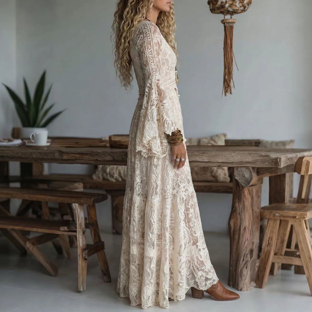 Amelia | Women's Long Sleeve Lace V-Neck Maxi Dress