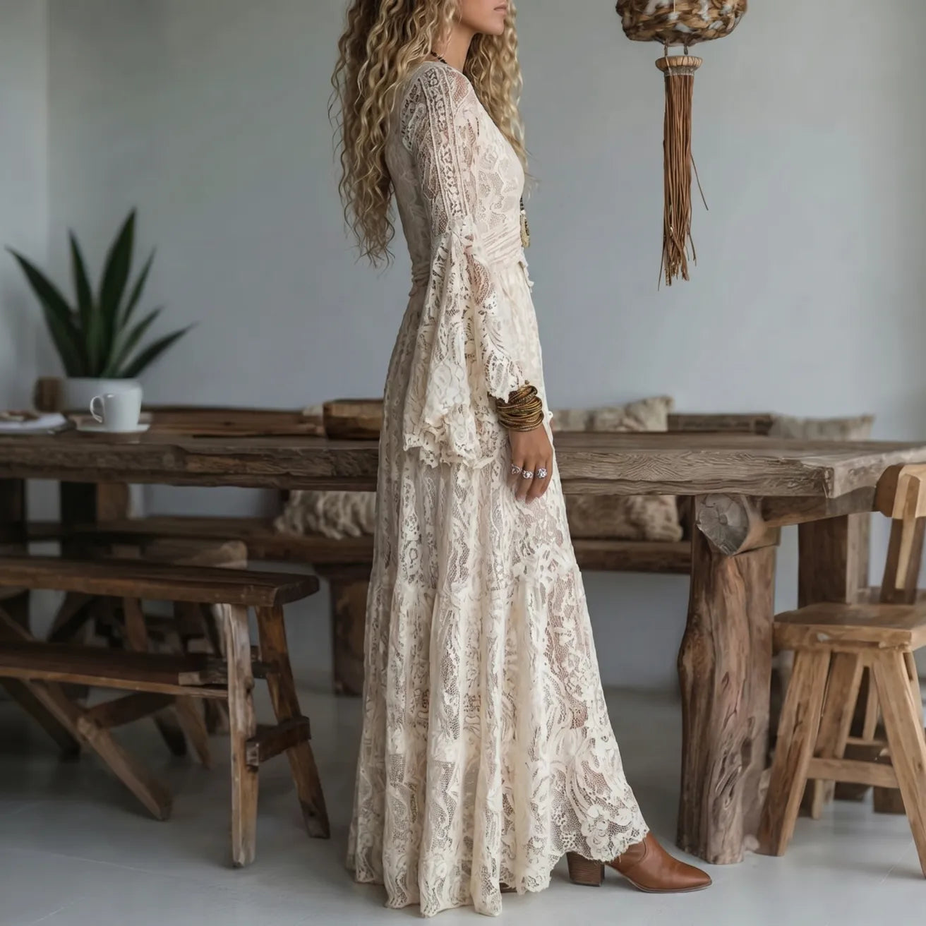 Amelia | Women's Long Sleeve Lace V-Neck Maxi Dress