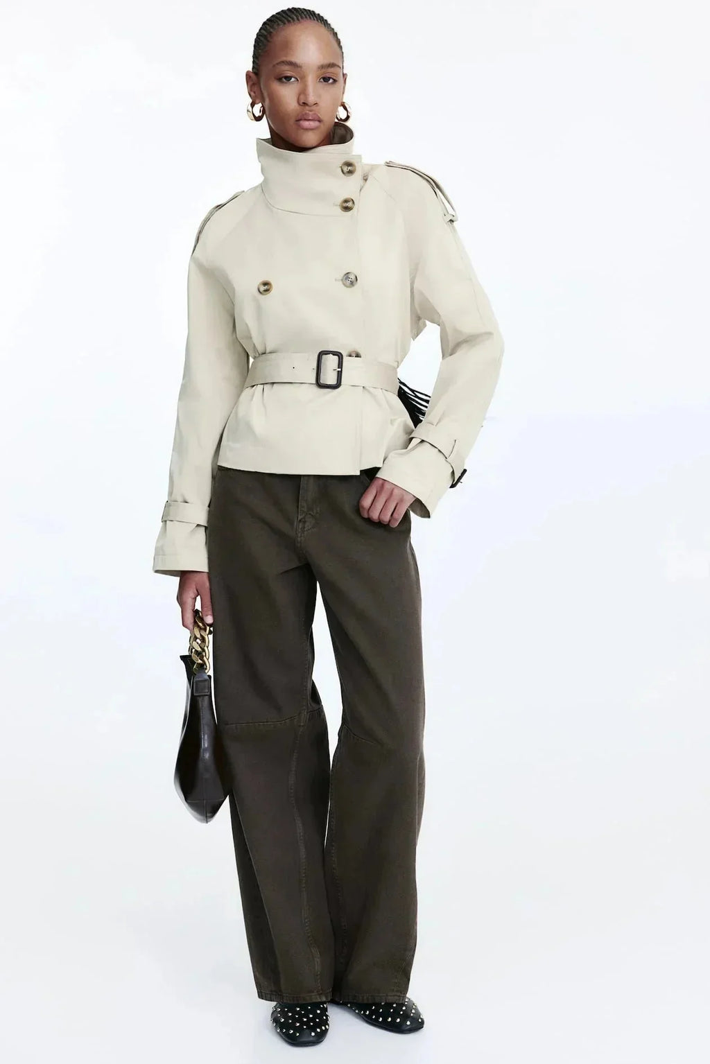 Odessine | Belted High Collar Trench Coat