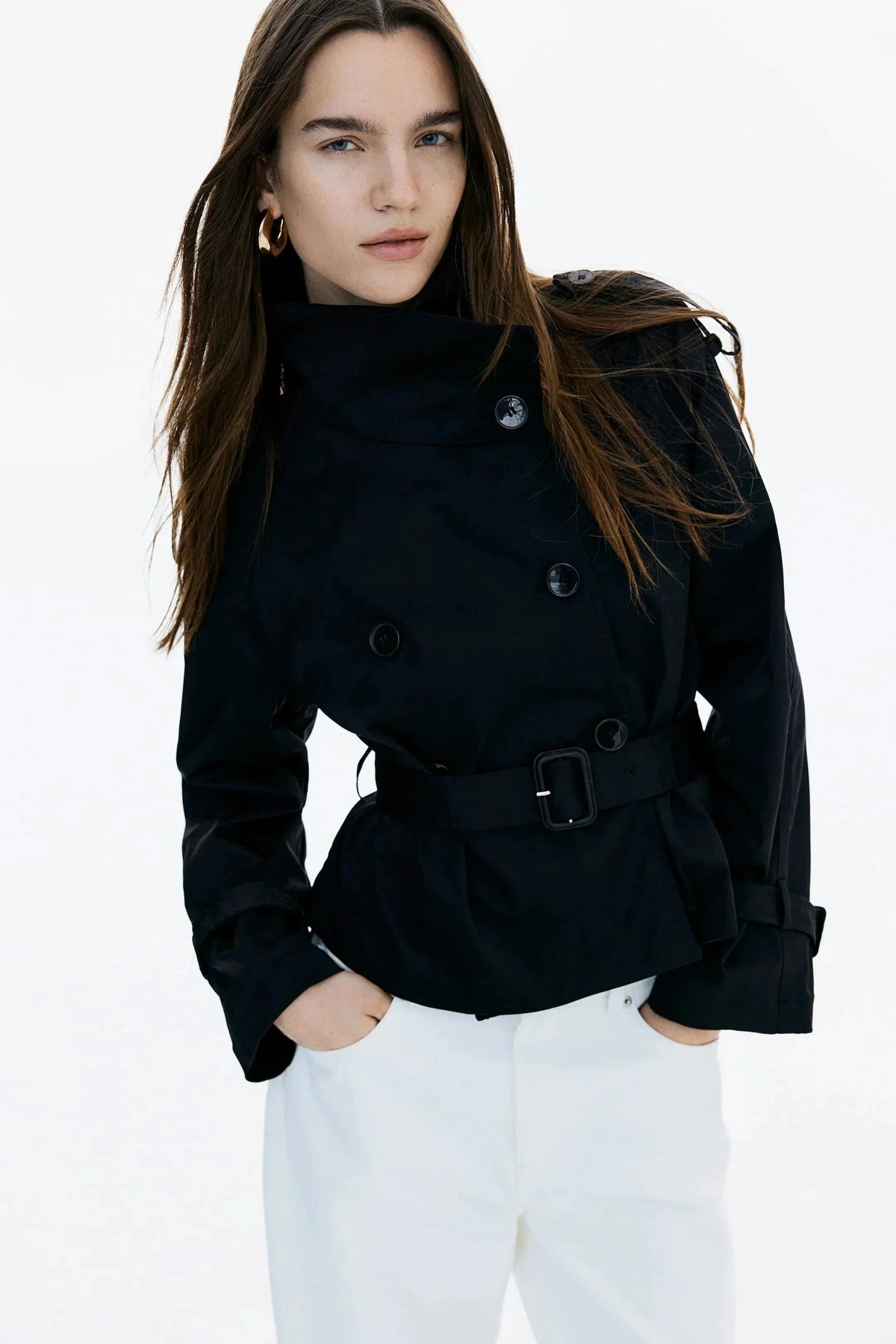 Odessine | Belted High Collar Trench Coat